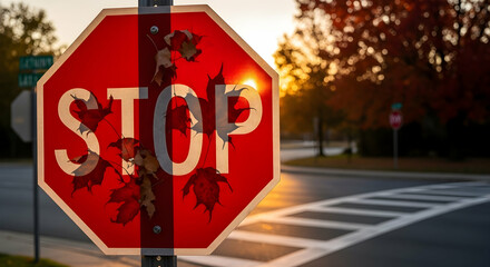 Red Stop Sign Adorned With Falling Autumn Leaves At Sunset On The Road
