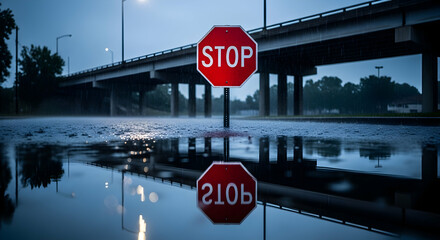 Reflected Urban Stop Sign In Rainy Weather Under A Bridge