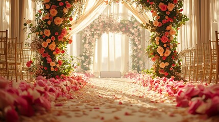Flower-covered arch with golden chairs. Charming indoor wedding ceremony with rose petals and floral arch. Romantic and warm setup for National Wedding Month celebration