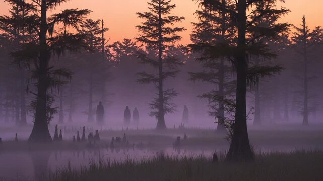 Misty swamp landscape with silhouettes at sunset