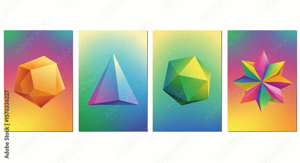 Poster abstract geometric posters with sharp, angular shapes and soft, blurry pastel gradient backgrounds
