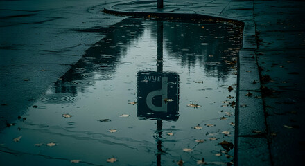 Reflections In City Puddle On Rainy Day With Disabled Parking Sign