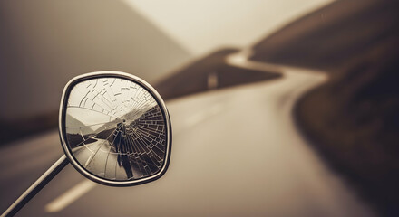 Reflections Of A Broken Journey Road Trip With Damaged Car Rearview Mirror