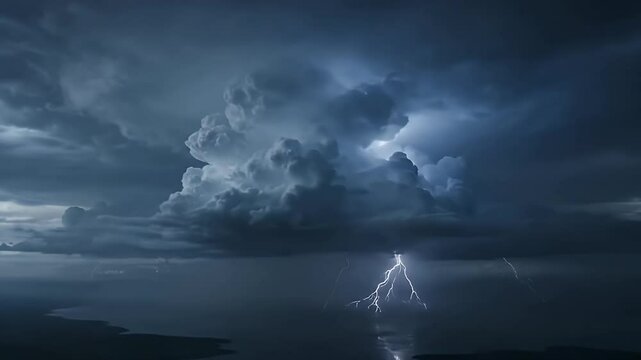 A dramatic nightscape showcasing a powerful lightning strike illuminating dark, brooding storm clouds above a calm body of water.