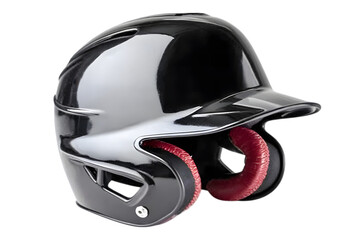 Sleek black batting helmet gleams against a dark backdrop, ready for baseball or softball action, reflecting light and skill, transparent background. Ai Generated Images