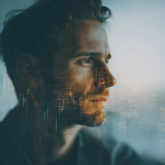 Double exposure portraits of a young man staring into the distance, layered with financial graphs and a city skyline, expressing the silent emotional toll of economic uncertainty and modern urban life
