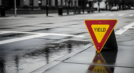 Reflective Pavement With Yield Sign On A Rainy Day In Black And White
