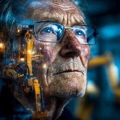 Double exposure editorial portraits of an elderly industrial worker, symbolizing the emotional and existential tension between human labor and rising automation.