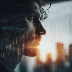 Double exposure portraits of a young man staring into the distance, layered with financial graphs and a city skyline, expressing the silent emotional toll of economic uncertainty and modern urban life