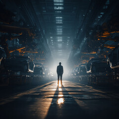 Dramatic conceptual wide-angle shots of a lone human figure standing between robotic arms in a fully automated factory