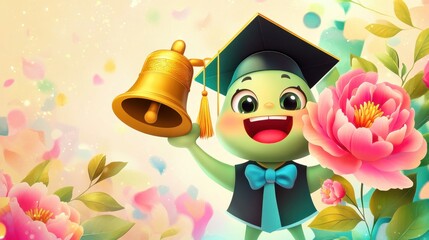 Happy cartoon frog in graduation hat ringing bell with flowers around, festive school ending celebration scene