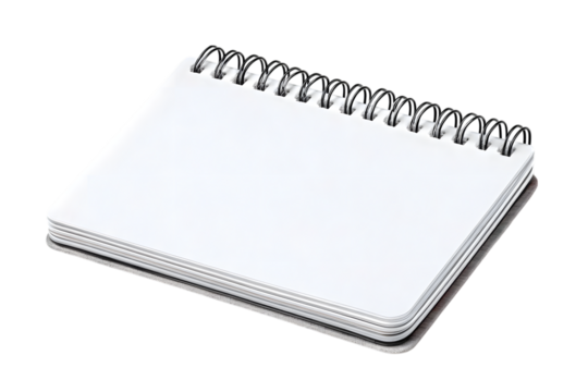 An inviting blank notepad with a clean white surface and spiral binding rests against a stark black backdrop ready for notes, transparent background. Ai Generated Images