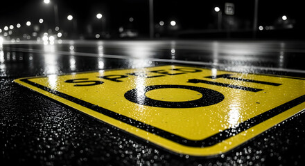 Reflective Road Safety Sign On Wet Asphalt At Night With Blurred Background