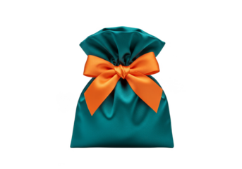 Isolated Teal Gift Bag with Orange Bow Satin Ribbon PNG