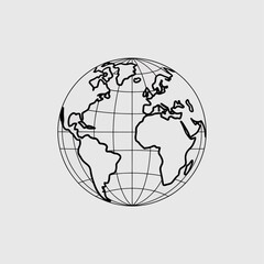 Obraz premium World Globe Icon: A minimalistic grayscale illustration of a globe, featuring the continents and a grid, representing global interconnectedness and the world. 