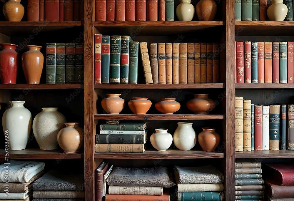 Poster generative ai bookshelf abundance of knowledge and pottery vessels