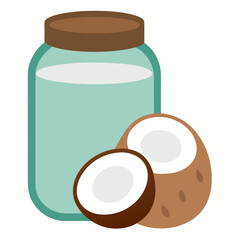 Glass Jar of Coconut Oil and Fresh Halves Vector Organic Food and Natural Product Design Illustration