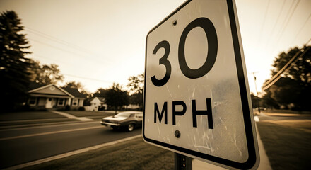 Regulatory Compliance In Suburban Area Featuring A Vintage Car Going Below The Speed Limit