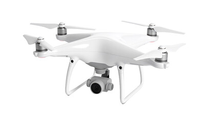 White Drone Angled View with Camera and Propellers Isolated Transparent Background