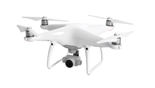White Drone Angled View with Camera and Propellers Isolated Transparent Background