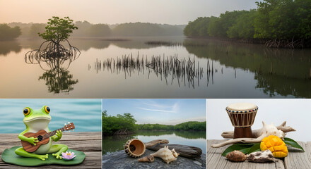Relaxing Nature Scenes With Musical And Tropical Elements Displayed In A Collage