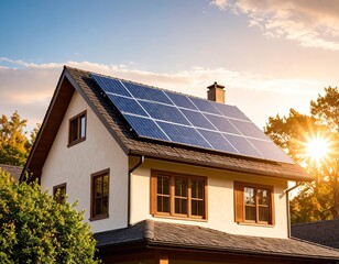 Home with solar panels on a beautiful sunset