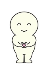 Simple full-length portrait of a smiling person making a heart symbol