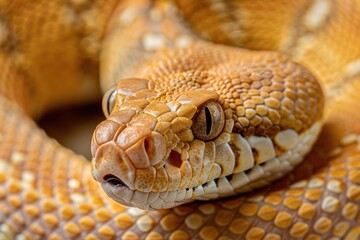 snake close up focuses on its detailed scales and intense gaze, with lighting and clarity that highlight the sharp textures and piercing eyes in a minimalist studio setup.