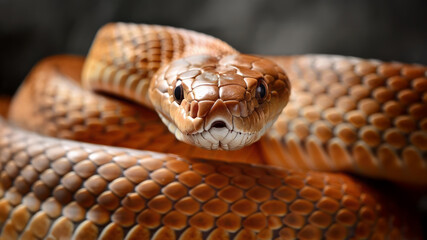 Obraz premium snake close up focuses on its detailed scales and intense gaze, with lighting and clarity that highlight the sharp textures and piercing eyes in a minimalist studio setup.