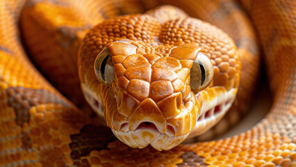Fototapeta premium snake close up focuses on its detailed scales and intense gaze, with lighting and clarity that highlight the sharp textures and piercing eyes in a minimalist studio setup.