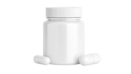 White Supplement Bottle And Two Capsules On Isolated Transparent Background