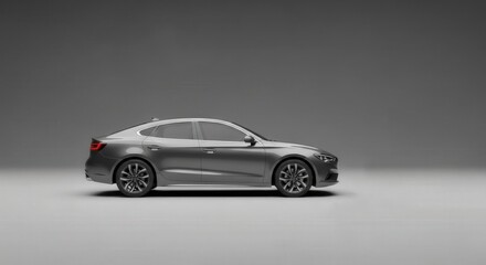 Obraz premium Sleek Sedan Profile: A silver modern sedan showcases its elegant design and aerodynamic profile against a neutral gray background.