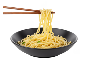 Isolated Noodles In Black Bowl with Chopsticks Transparent Background