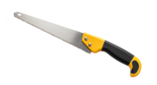 Isolated Hand Saw Tool with Sharp Metal Blade and Yellow Handle - Powered by Adobe