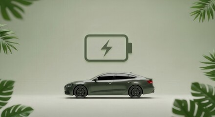 Electric Car Charging: An electric car with a full battery symbol, surrounded by greenery, symbolizing clean energy and sustainable transportation.