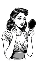 Isolated Illustration of Retro Woman Applying Makeup in Mirror Glamour