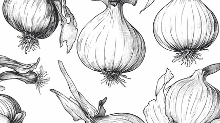 Detailed black and white illustration of onions and scallions.