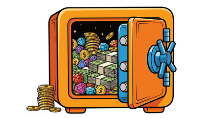 Illustration of an open orange safe filled with stacks of money coins and colorful gems on a white background