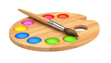 Wooden Palette With Paint Brush And Colorful Paint Dots Isolated Transparent Background