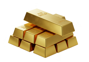 Isometric 3D Rendering Golden Gold Ingots Stacked on Transparent Background