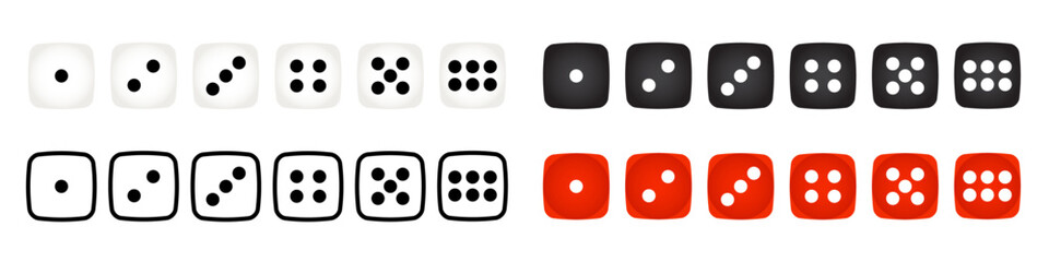 Game dice Icon with side of cube from one to six number. Set of black icon sided for gamble. Dot on cube of casino. Vector illustration.