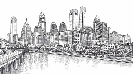 Fototapeta premium Hand drawn sketch of a city skyline with trees and a river.
