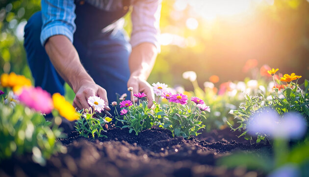 Persona agachada cultivando flores de colores en jard&iacute;n soleado, actividad manual con vegetaci&oacute;n fresca y luz dorada natural durante primavera o verano