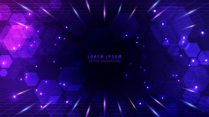 Futuristic digital background in deep purple and blue, with glowing hexagonal grid, neon lines, light streaks, and particle effects