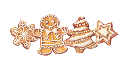 Watercolor composition Christmas gingerbread man star tree and snowflake isolated on white background. Celebration winter New Year dessert food for menu. Clipart with cookie for wallpaper or wrapping