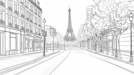 Parisian street scene with the eiffel tower in a detailed line drawing.