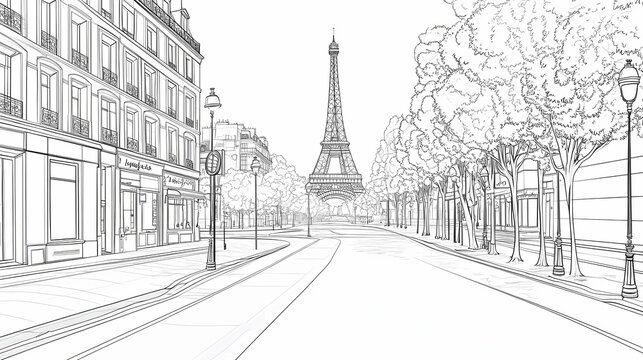 Parisian street scene with the eiffel tower in a detailed line drawing.