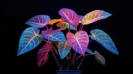 Vibrant leaves with multicolored veins against a black background.