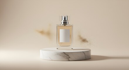 Elegant Perfume Bottle on Marble Pedestal with Golden Dust