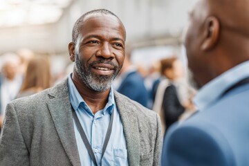 Professionals in formal attire network at a corporate gathering, with the lively atmosphere filled with people exchanging ideas in a business-oriented environment.